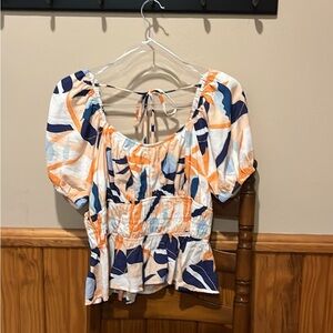 Skies Are Blue Navy, Orange & White Puff Sleeve Peplum Top